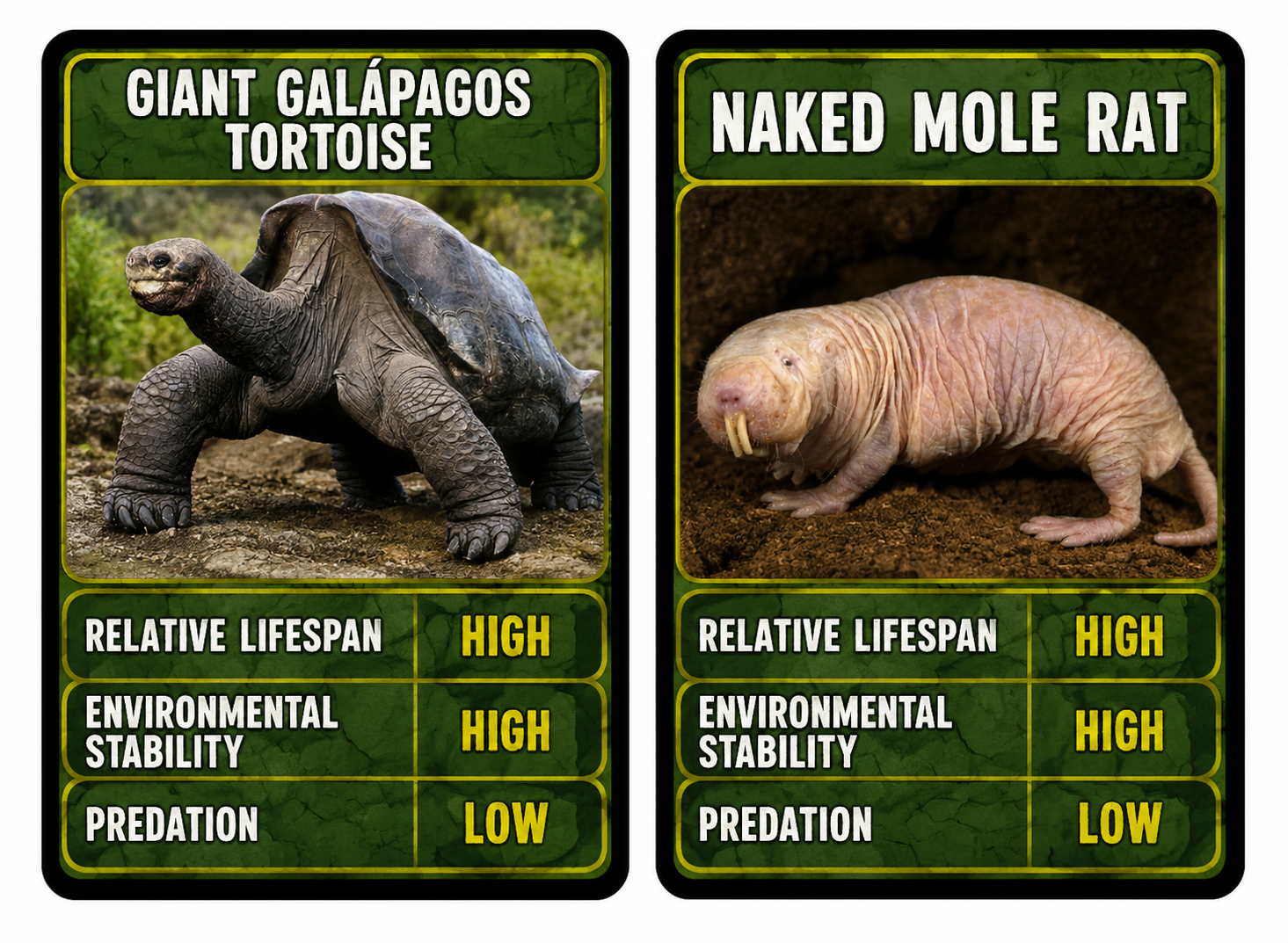 Comparison of the giant Galápagos tortoise and the naked mole rat, two long-lived species with low predation and stable environments