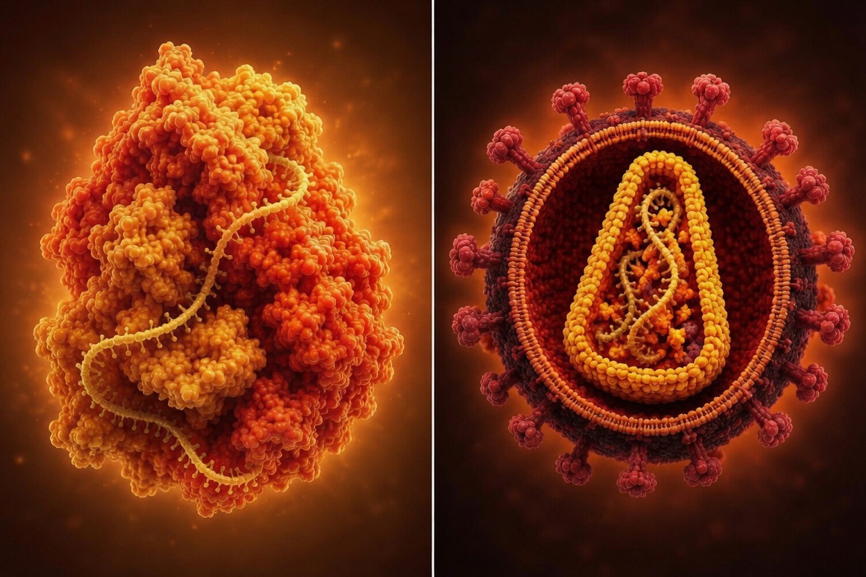 Side-by-side rendering of LINE-1 and HIV, both of which rely on reverse transcriptase to copy RNA into DNA